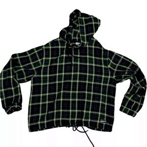 Zara Pullover Hooded Green Black Plaid Small/Medium Cinch Waist Poncho Style